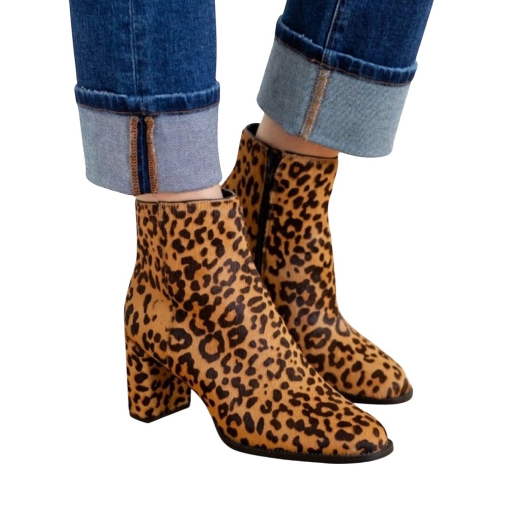 Steve Madden Jozie Leopard Calf Hair Side Zipper Ankle‎ Boots Animal Print 8.5M